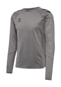 T-shirt de sport à manches longues gris avec une texture lisse, présentant un logo noir et des motifs d'accent sur les manches, ainsi qu'un col arrondi.
