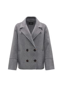 Graue, doppelte Jacke aus strukturiertem Wolle. Sie verfügt über einen Reverskragen, zwei große Fronttaschen und dunkle Knöpfe.