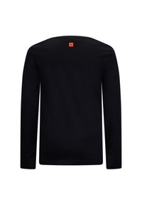 Zwart T-shirt met lange mouwen gemaakt van katoen. Heeft een ronde halslijn en een klein oranje logo-label op de middenachter. Gladde textuur.