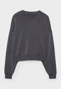 Sweat-shirt court à manches longues gris foncé avec un col rond et des poignets et un ourlet côtelés, présenté sur un fond uni.