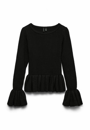 Crni rebrasti pulover s dugim rukavima, s lepršavim peplum donjim dijelom i rukavima u obliku zvona, izrađen od teksturirane pletene tkanine.