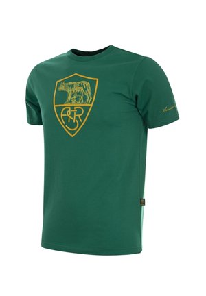 Groene katoen T-shirt met een geel schildontwerp met een beer en tekst. Ronde hals, korte mouwen en een klein logoaccent.