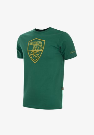 Groene katoen T-shirt met een geel schildontwerp met een beer en tekst. Ronde hals, korte mouwen en een klein logoaccent.
