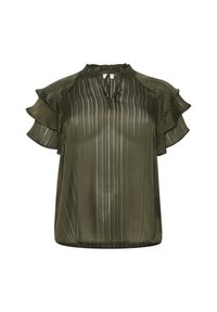 Blouse plissée vert olive à manches courtes volantes et col haut. Présente une ouverture en forme de clé à l'avant. Tissu lisse et texturé.