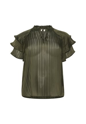 Olijfgroene geplooide blouse met korte gerimpelde mouwen en een hoge hals. Beschikt over een sleutelgatopening aan de voorkant. Gladde, gestructureerde stof.