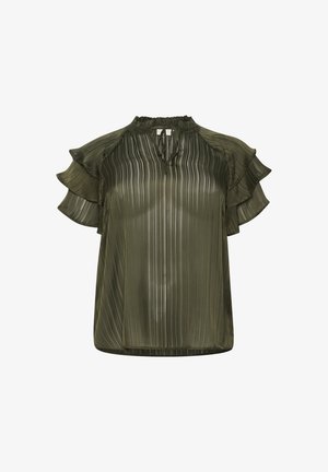 Alyvuogių žalumos klostuota palaidinė su trumpomis volanėlėmis ir aukštu kaklu. Priekyje yra raktų skylutės atidarymas. Lygi, tekstūruota medžiaga.