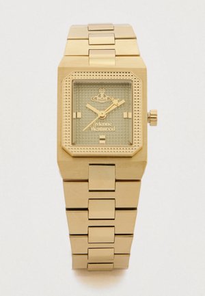 Relógio de pulso retangular em tom dourado com mostrador texturizado, logótipo Vivienne Westwood, marcadores de horas mínimos e bracelete metálica em elos.