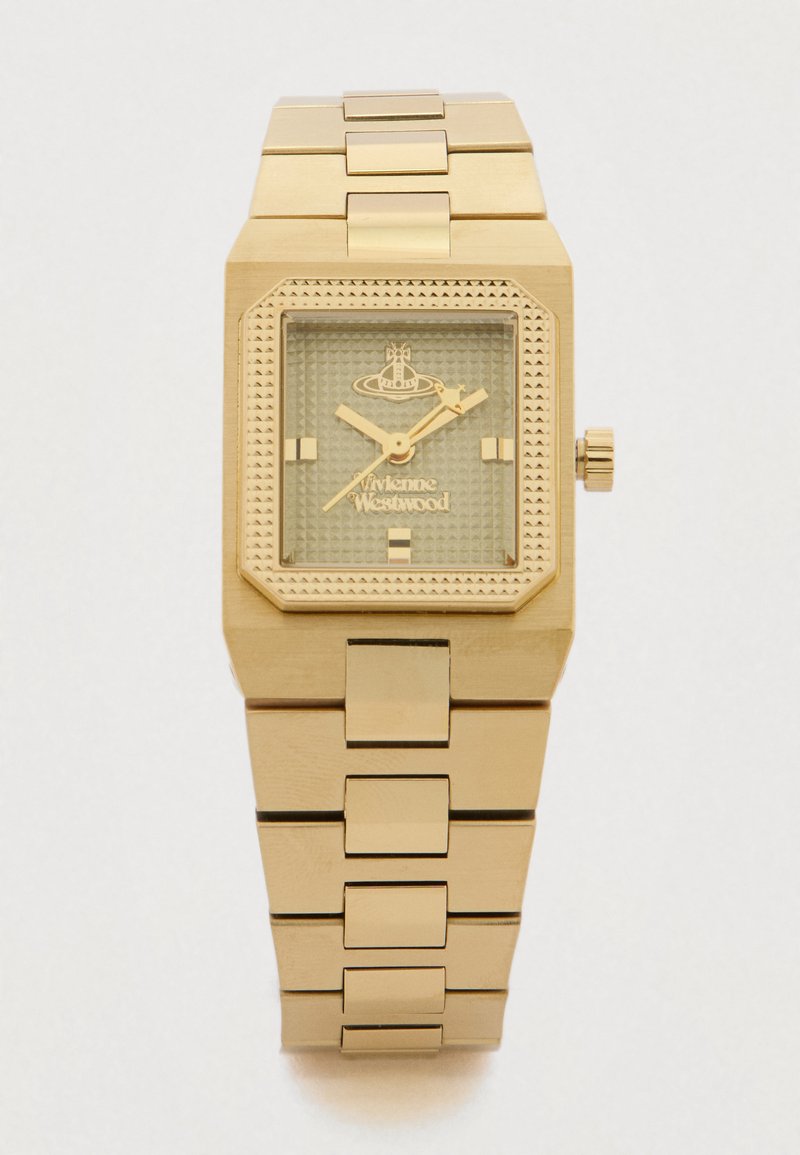 Relógio de pulso retangular em tom dourado com mostrador texturizado, logótipo Vivienne Westwood, marcadores de horas mínimos e bracelete metálica em elos.