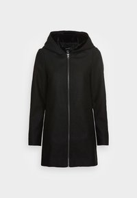 Abrigo negro con capucha que presenta un cierre de cremallera, un suave forro interior, dos bolsillos laterales y un diseño de longitud media. Fabricado con una tela texturizada.