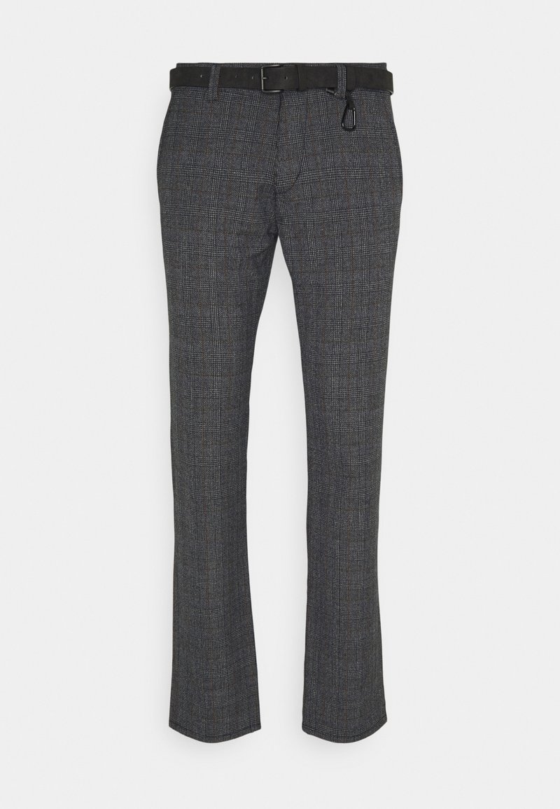 Grijze geplaid op maat gemaakte broeken met een subtiele textuur en een rechte pasvorm, met een zwarte riem en lussendetail in de taille.