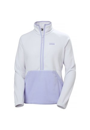Biały i jasnofioletowy polar z suwakiem do ćwiartki, wysokim kołnierzem, długimi rękawami, przednią kieszenią typu kangur oraz logo HH na piersi.