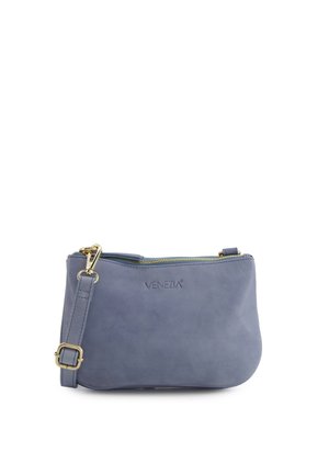 Kleine blauwe leren crossbodytas met gouden rits en verstelbare band, met het gegraveerde merknaam Venezia aan de voorkant.