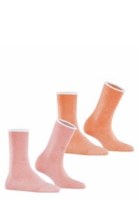 Gestreifte Socken im Set mit unterschiedlichen Orangetönen, ausgestattet mit weißen Bündchen und einer gerippten Struktur. Drei Paare in verschiedenen Orientierungen präsentiert.