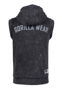 Zwarte mouwloze hoodie met een gestructureerde afwerking, met 'GORILLA WEAR' in grijs gedrukt op de achterkant en een capuchon met trekkoord.