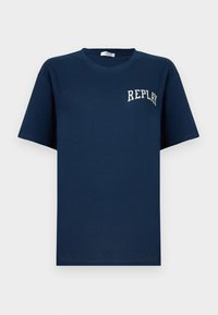 Jūras zilas kokvilnas T-kreklis ar īsām piedurknēm, apaļu kakla izgriezumu un baltu "REPLAY" logotipu uz priekšpuses. Gluda tekstūra un vienkāršs dizains.
