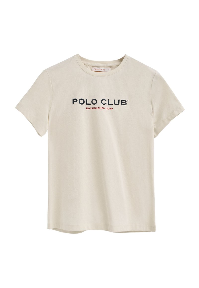 Kremowa bawełniana koszulka z krótkim rękawem i okrągłym dekoltem. Na przodzie znajduje się napis "POLO CLUB" oraz "ZAŁOŻONA W 2012" w kontrastowych kolorach.