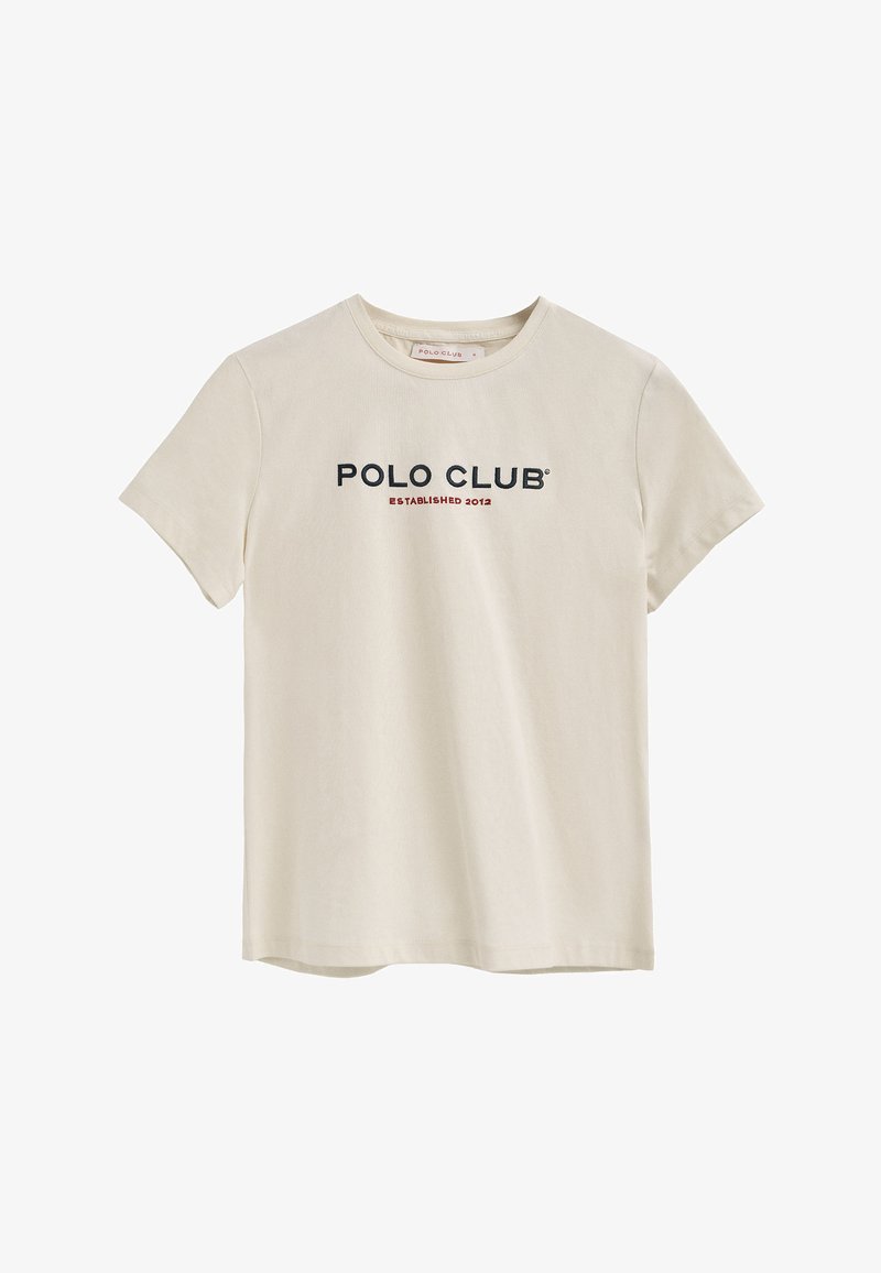 Kremowa bawełniana koszulka z krótkim rękawem i okrągłym dekoltem. Na przodzie znajduje się napis "POLO CLUB" oraz "ZAŁOŻONA W 2012" w kontrastowych kolorach.