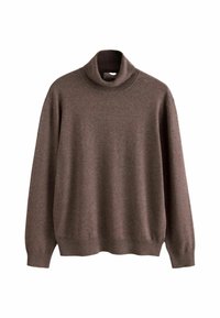 Brauner Rollkragenpullover aus weichem Stoff. Hat lange Ärmel und eine lockere Passform, mit geripptem Kragen und Saumdetails.