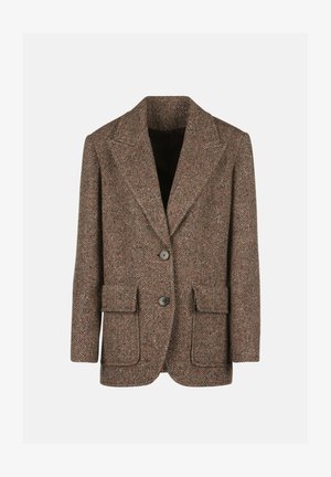 Brauner Fischgrätblazer aus strukturiertem Stoff, mit Reverskragen, zwei frontalen Taschen und zwei Knöpfen vorne.