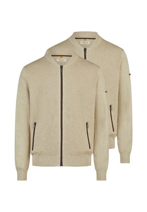 Due maglioni beige in maglia con cerniera, polsini, colletto e bordo a coste, con tasche laterali con zip e pannello frontale a trama.
