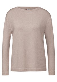 Helle beige Strickpullover mit langen Ärmeln, Rundhalsausschnitt und geripptem Saum. Weiche Textur, einfaches Design, geeignet für legere Kleidung.