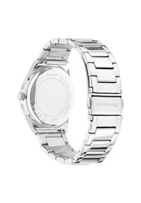 Metall-Armbanduhr mit einem polierten silbernen Edelstahlarmband, runder Gehäuseform und graviertem Rücken. Verfügt über einen sicheren Verschluss und eine glatte Oberfläche.