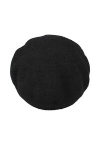 Černá plstěná beretka, kulatý tvar, hladká textura, žádné viditelné ozdoby ani vzory, měkký materiál, klasický design vhodný pro volný čas.