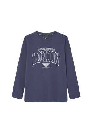 Granatowa koszula z długim rękawem z napisem "PEPE JEANS LONDON" oraz małym napisem "PREMIUM QUALITY DENIM BRAND 1973" z przodu.