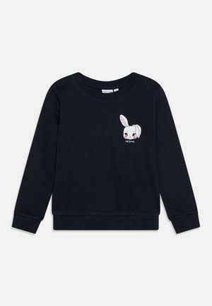 Sort børnesweatshirt med lange ærmer med et lille hvidt kaninhoved og teksten "Bedste venner" på venstre bryst.