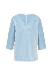 V-hals shirt met driekwart mouwen, met een lichtblauw en wit gestreept patroon, gemaakt van zachte stof met een relaxed fit.