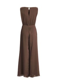Combinaison marron sans manches à jambes larges, taille haute et ouverture dos en forme de goutte avec fermeture éclair.