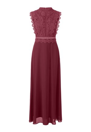 Lang bordeauxrood jurk met een kant bodice, hoge halslijn en vleugelachtige mouwen. De rok stroomt zachtjes en heeft een gegolfde kanten rand bij de taille.