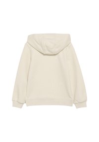 Felpa con cappuccio di colore crema realizzata in tessuto morbido, con tasca a canguro e polsini e orlo a costine. Tessuto liscio, senza fantasie.