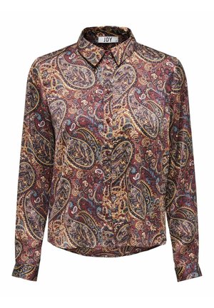 Chemise à manches longues boutonnée avec un motif cachemire marron, bleu et beige et un col pointu.