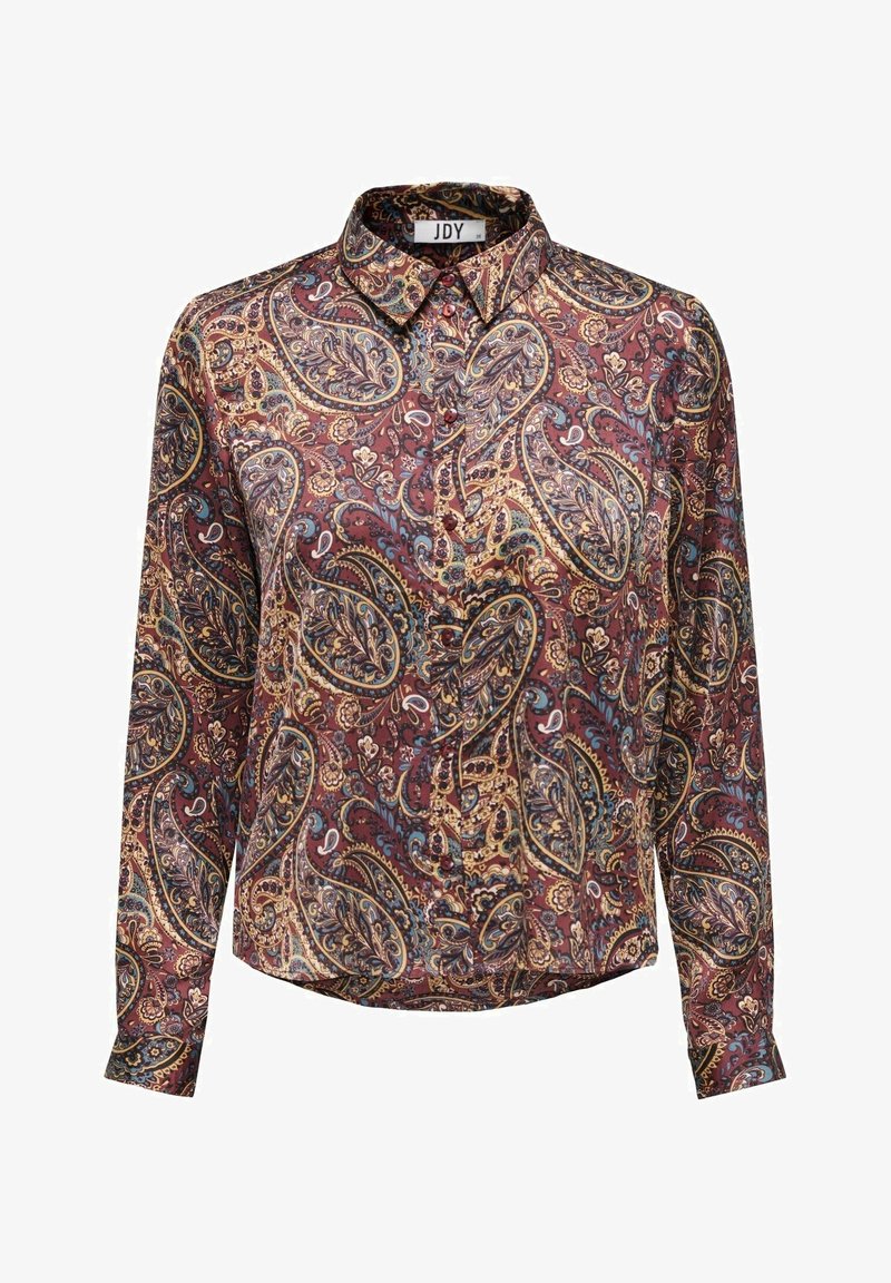 Chemise à manches longues boutonnée avec un motif cachemire marron, bleu et beige et un col pointu.