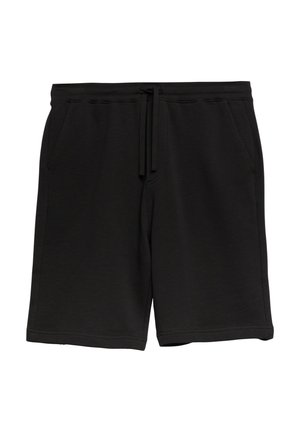 Czarne casualowe szorty do kolan z bocznymi kieszeniami i ściągaczem w pasie, pokazane na białym tle.