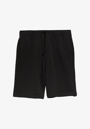 Czarne casualowe szorty do kolan z bocznymi kieszeniami i ściągaczem w pasie, pokazane na białym tle.