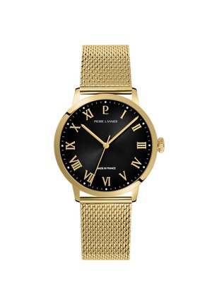Orologio da polso con cinturino in maglia dorata, quadrante nero, numeri romani dorati e tre lancette dorate che segnano le 10:10:36, marchio Pierre Lannier, prodotto in Francia.