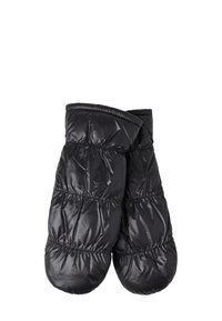 Czarne, pikowane rękawice z błyszczącego, wyściełanego materiału z elastycznymi mankietami. Posiadają zaokrąglone końcówki i przeszycia wzdłuż szwów.