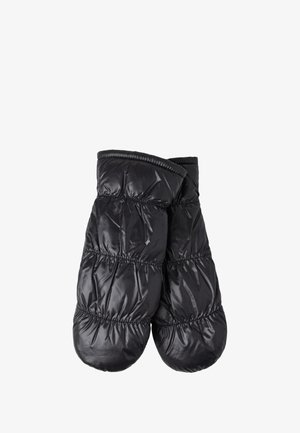 Moufles noires matelassées en matériau glossy et rembourré avec des poignets élastiques. Dotées de pointes arrondies et de détails cousus le long des coutures.