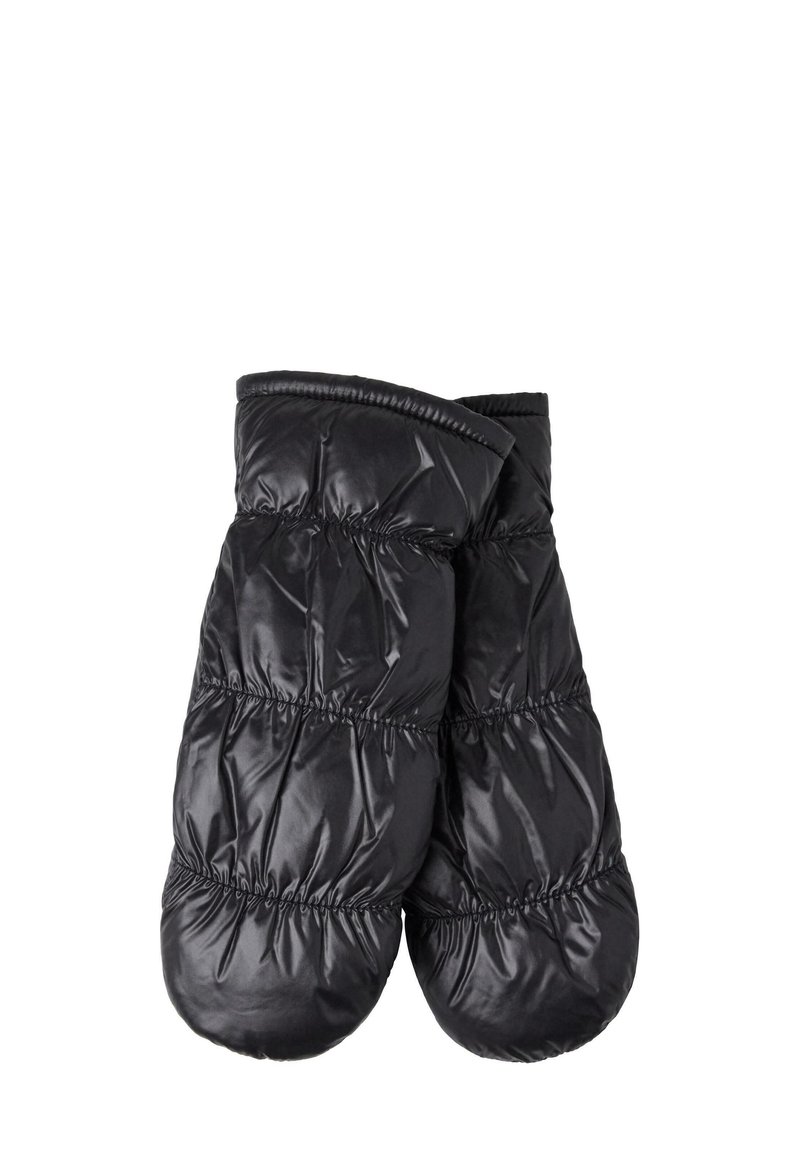 Czarne, pikowane rękawice z błyszczącego, wyściełanego materiału z elastycznymi mankietami. Posiadają zaokrąglone końcówki i przeszycia wzdłuż szwów.