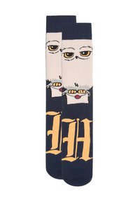 Calzini blu navy con un motivo di un gufo bianco che tiene una lettera sigillata e testo stilizzato giallo nella parte inferiore.