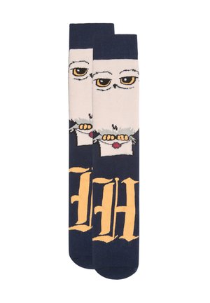 Calzini blu navy con un motivo di un gufo bianco che tiene una lettera sigillata e testo stilizzato giallo nella parte inferiore.