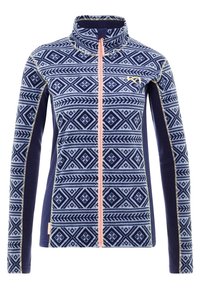 Granatowa polarowa kurtka z geometrycznymi wzorami, z pełnym zamkiem, wysokim kołnierzem i różowym zamkiem błyskawicznym. Posiada kontrastujące rękawy i detale w hafcie.