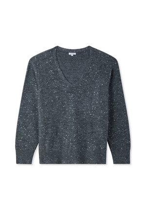 Maglione a V in grigio scuro con motivo a macchie argentate, maniche lunghe e orlo e polsini a coste. Realizzato in morbido misto lana.