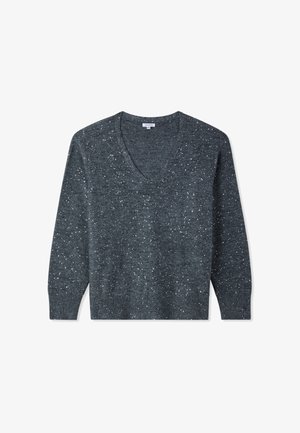 Maglione a V in grigio scuro con motivo a macchie argentate, maniche lunghe e orlo e polsini a coste. Realizzato in morbido misto lana.