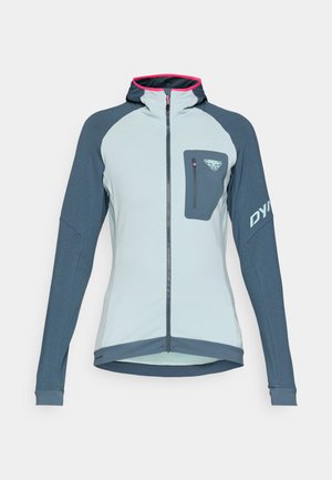 Lichtblauwe en donkerblauwe zip-up jas met capuchon, textuurstof, slim fit en een borstzak met ritssluiting. Roze accenten op de capuchon.