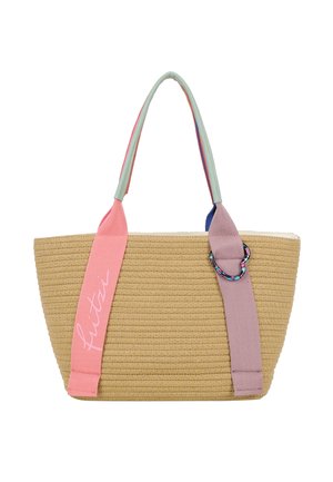 Beige gewebte Tragetasche mit einem rosa und lavendelfarbenen Stoffriemen, multicolor Dekorring und kontrastierenden hellgrünen Griffen.