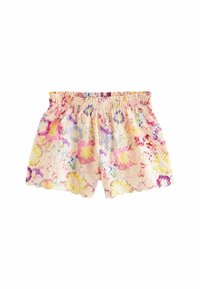 Blommönstrade shorts med en pastellfärgspalett i rosa, gult och lila blommor. Elastiskt midjeband och design med vågig fåll.
