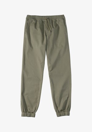 Khaki-colored jogger pants made of cotton, featuring an elastic waistband with drawstring, side pockets, and elastic cuffs at the ankles.